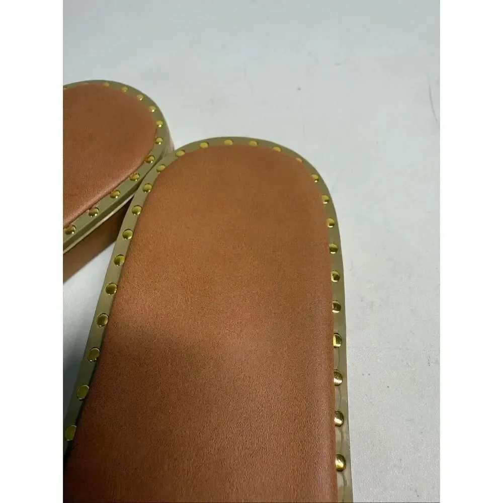 Women's Faux Leather Flat Slippers Metallic Plastic Chains Sandals Sz 38EU/8US